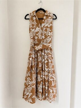 Elie Tahari XS 100% Linen Botanical Floral Belted Tiered Midi Maxi Dress
